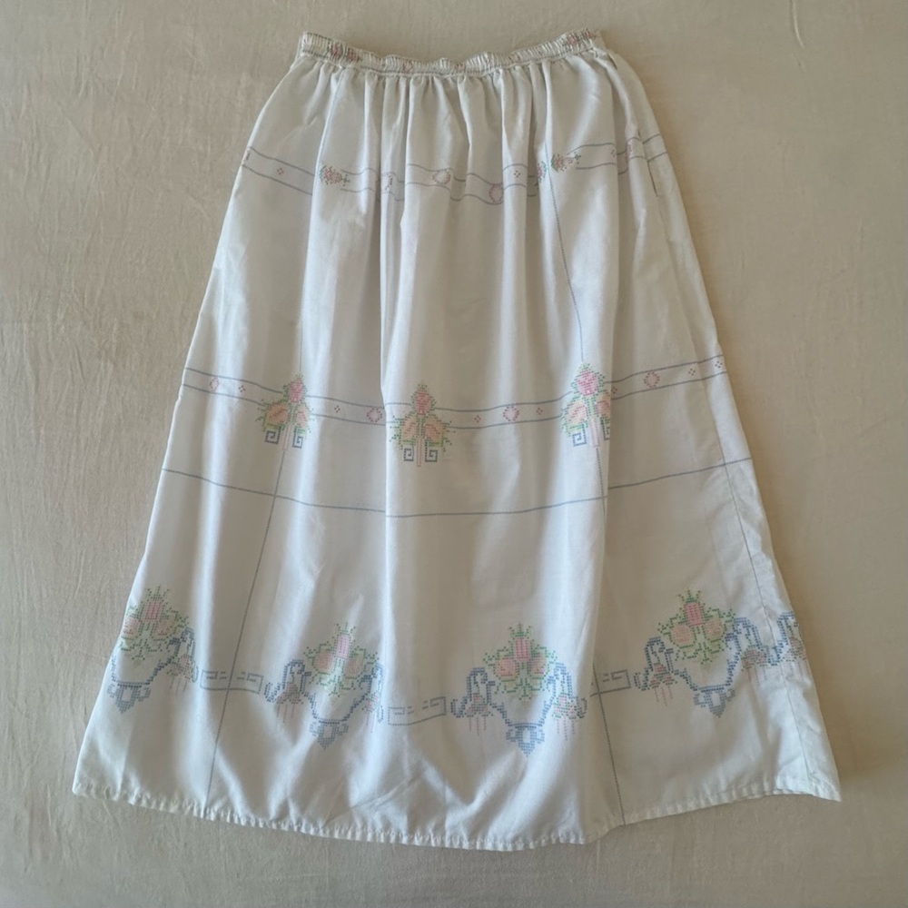 Vintage Personal Faux Cross Stitch Skirt Embroidery Cottage Prairie Midi